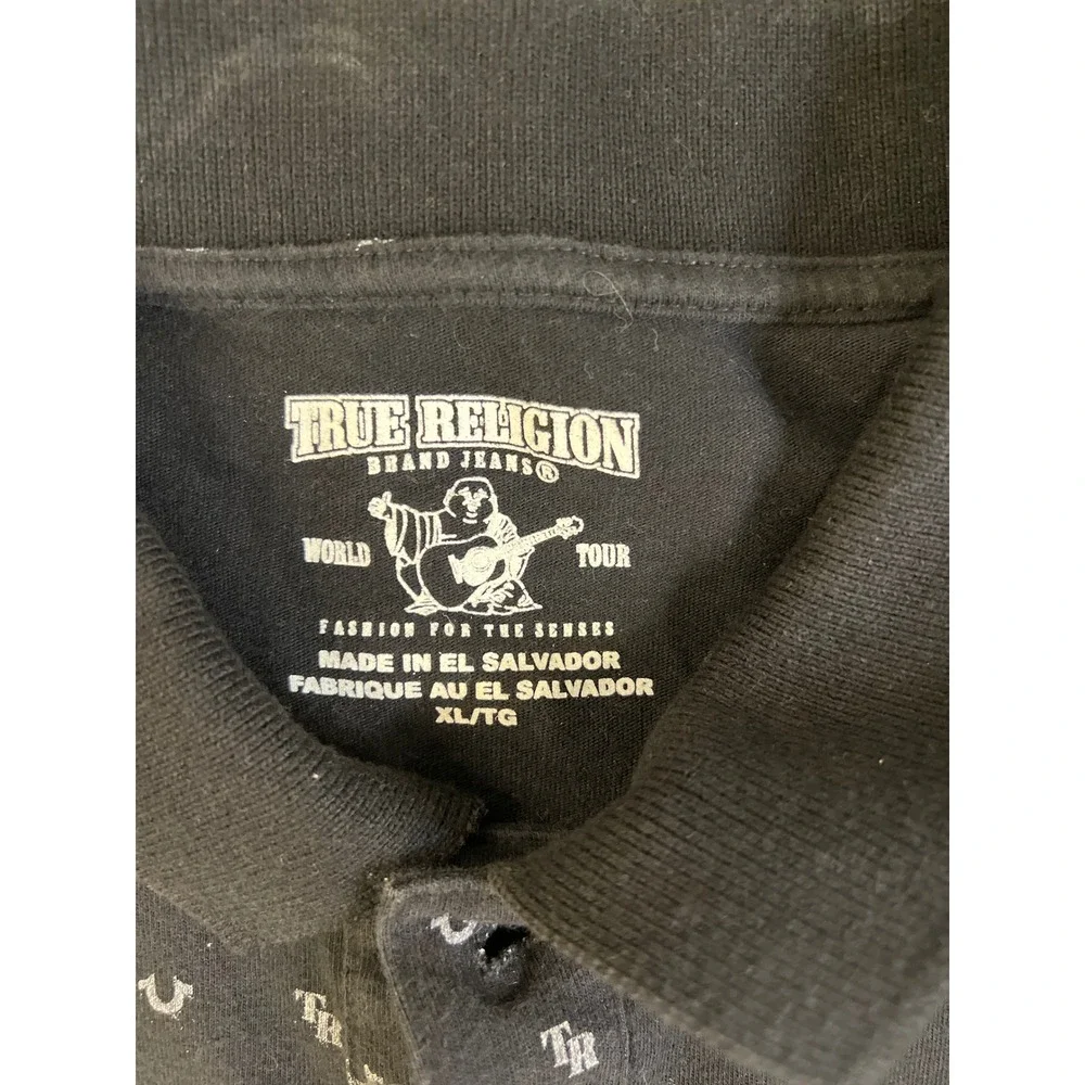 True‎ Religion Mens XL Black All Over Print Horseshoe Logo Polo Shirt